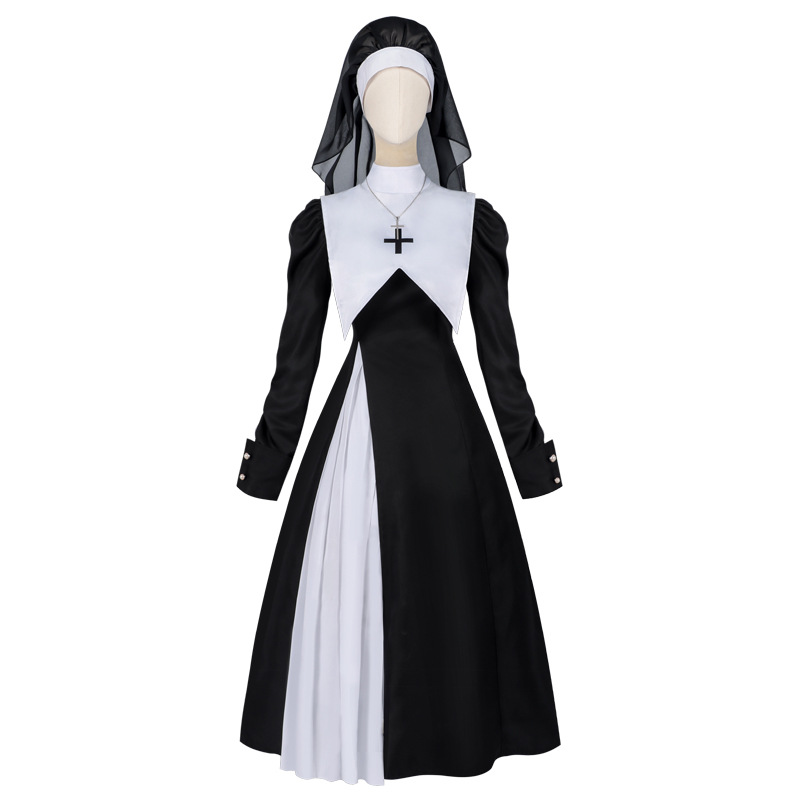 Anime Cosplay Nun - Vestido Plissado Feminino Europeu e Americano,